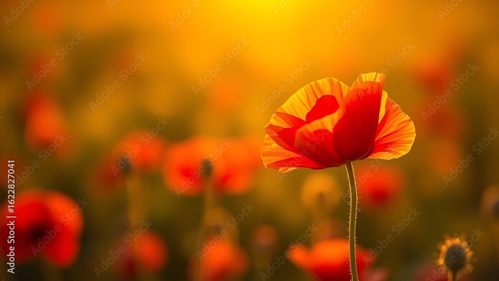 Obraz premium A vibrant red poppy bathed in golden sunset light, symbolizing remembrance and beauty.