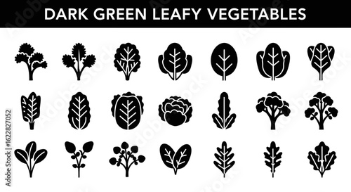 Leafy Green Icons: Solid Black Collection of Healthy Vegetables and Superfoods