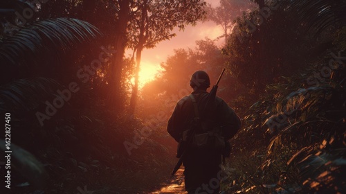 Fototapeta Naklejka Na Ścianę i Meble -  A cinematic image of a soldier back as he walks deeper into the jungle at sunset, his gun ready, tension in the air