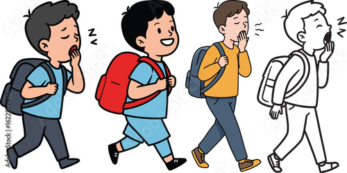 Boy and girl smiling in a school hallway with backpacks