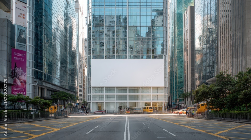 Fototapeta premium Large billboard mockup on Hong Kong Central skyscraper glass facade, modern city vibe