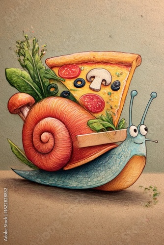 Cute snail carrying pizza and vegetables