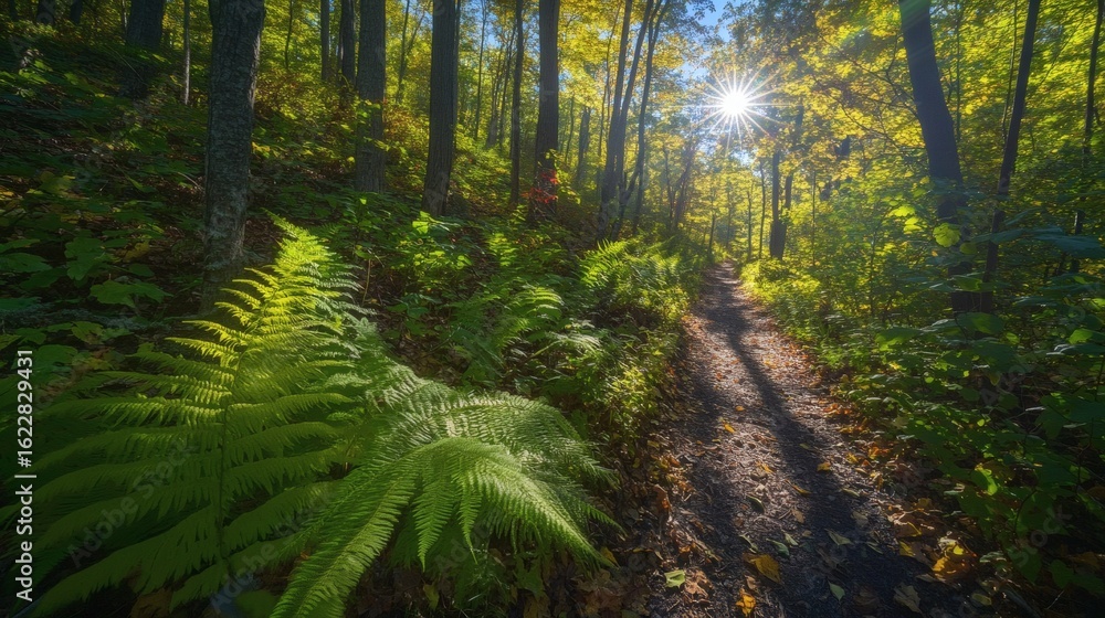 Obraz premium Sunlight filters through a forest trail lined with ferns.