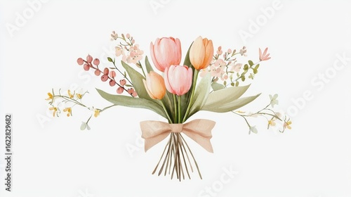 Wallpaper Mural Floral Bouquet: A delicate floral bouquet tied with a pastel-colored ribbon exudes a soft and inviting charm. the pastel and watercolor style capture the natural beauty of each individual blossom Torontodigital.ca