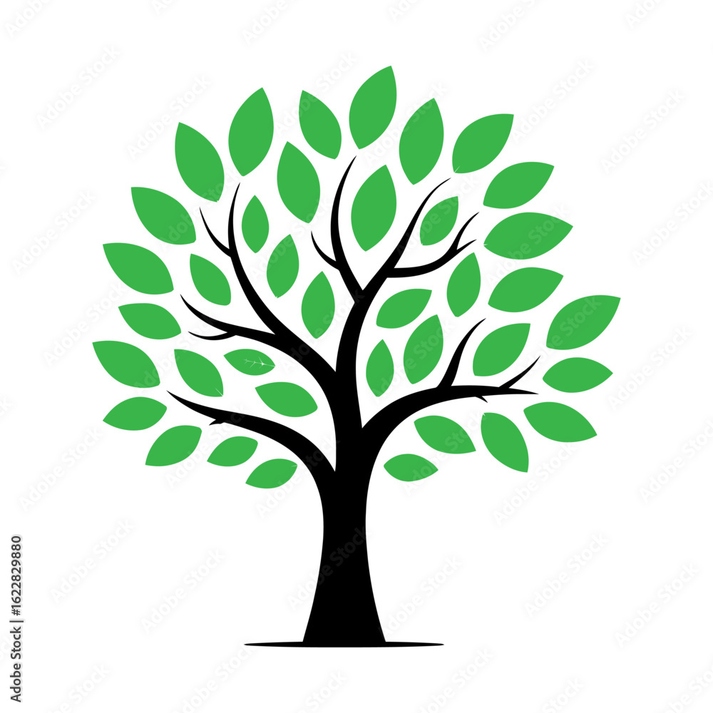 Obraz premium Vector tree, green tree icon, flat tree design, Stylized vector tree with green leaf 