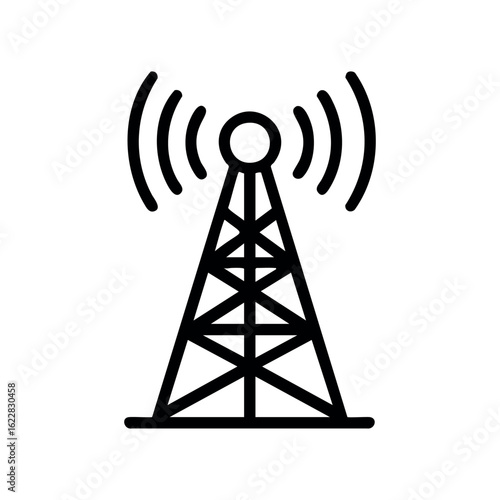 Black and white radio tower icon with signal waves – stock vector icon in line style