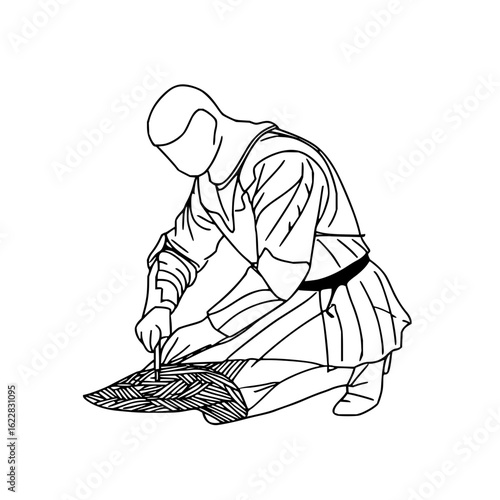 Line art of medieval craftsman working leather with awl tool in traditional clothing vector illustration