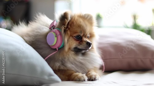 A Pomeranian dog wearing headphones rests on a bed