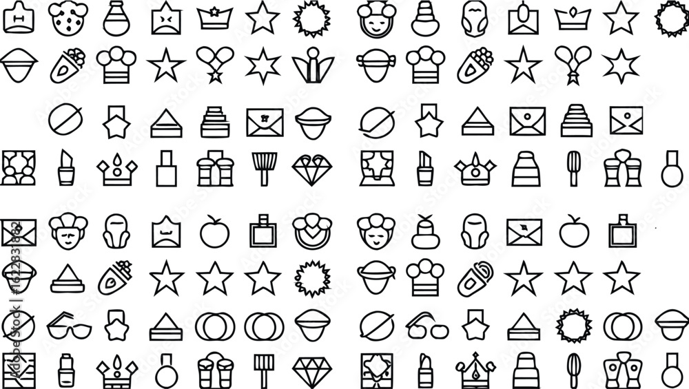 Obraz premium Beauty and Fashion Line Icons Pack – Crown, Lipstick, Ring, Gift, Star, Makeup, Perfume, Shopping Bag, Jewelry – Thin Outline Vector Set for Salon, Cosmetic, Glamour, and Lifestyle Projects