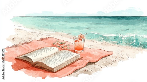 Relaxing Beach Reading with Drink and Ocean