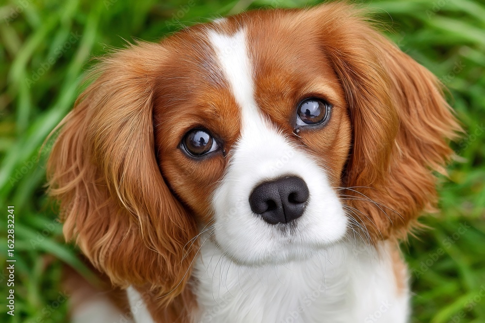 Fototapeta premium Cavalier king charles spaniel puppy looking with sweet brown eyes in green grass