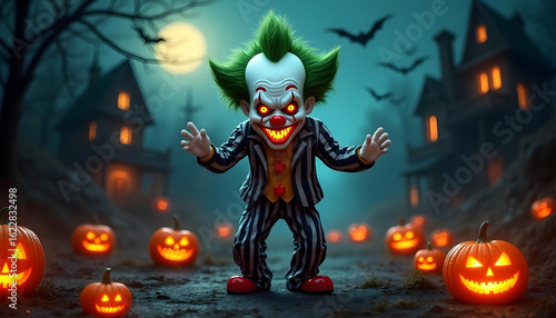 halloween background with pumpkins, Halloween background with pumpkin, igh-resolution Halloween-themed tumbler wrap design, The scene should feature a creepy but cartoonish clown with green wild hair