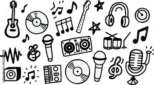 Hand Drawn Music Icon Set – Vector Doodle Sketch of Instruments, Speakers, Microphones, Headphones, Music Notes, Vinyl Records – Black and White Clipart for Audio and Media Designs