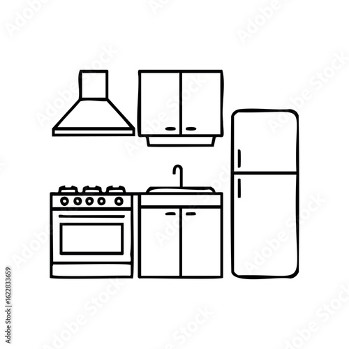 Simple line drawing of modern kitchen appliances and furniture – stock vector icon in line style