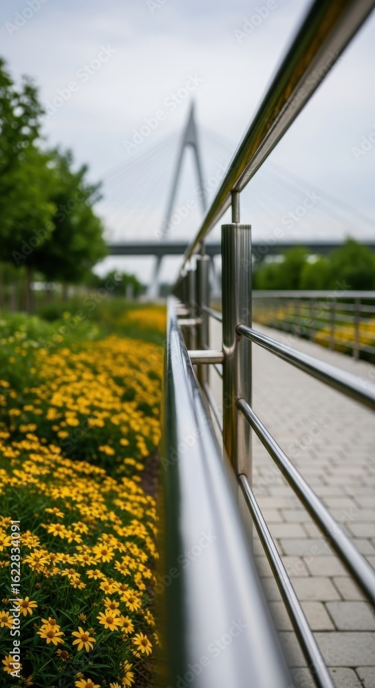 Fototapeta premium Urban Harmony: Modern Bridge Reflected in Sleek Railing near Blooming Meadow