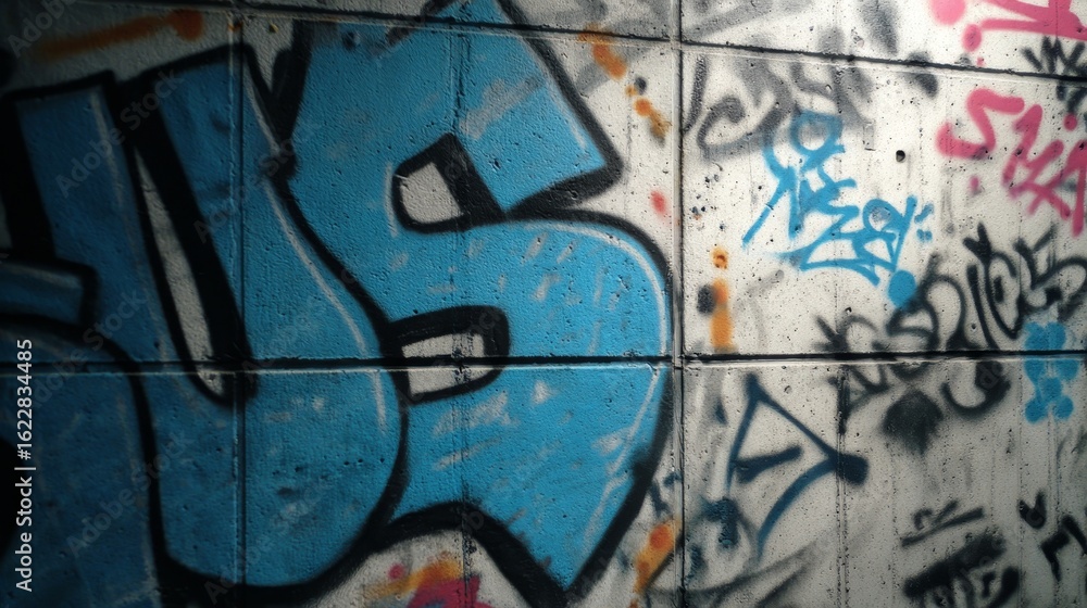 Obraz premium Close-up detail of colorful urban graffiti painted on a textured concrete public wall with abstract street art elements, symbolizing rebellion, creativity, youth culture, and underground expression