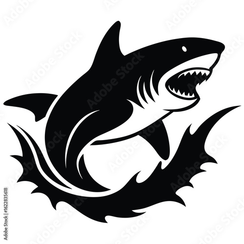 Stylized black shark breaching through water silhouette