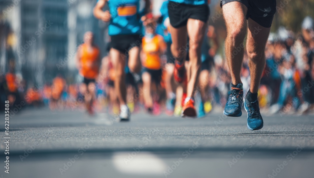 Naklejka premium A group of runners compete in a marathon, their legs and feet pounding the pavement with determined strides and energy.