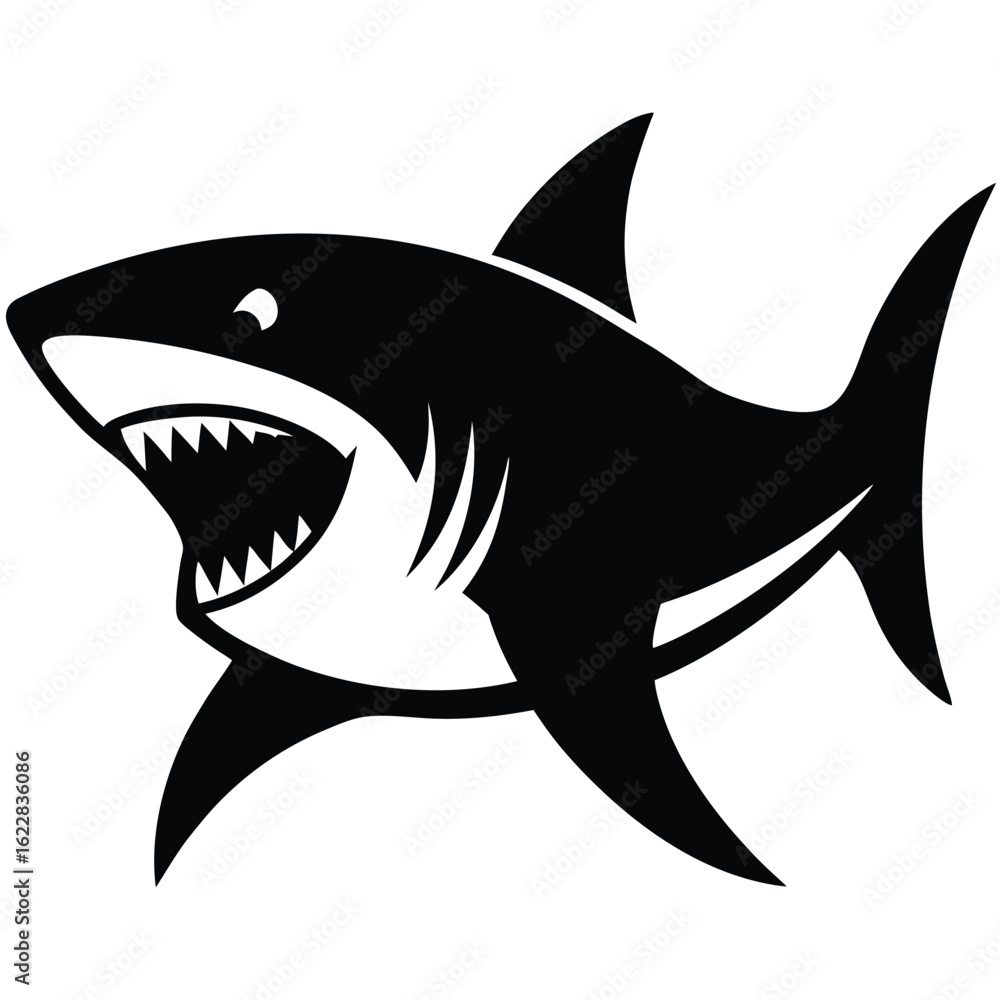 Fototapeta premium Stylized black shark with open mouth and sharp teeth