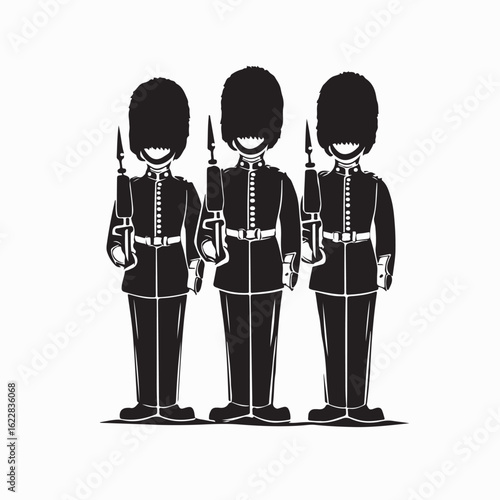 Three British royal guards vector illustration in traditional uniform with London heritage theme