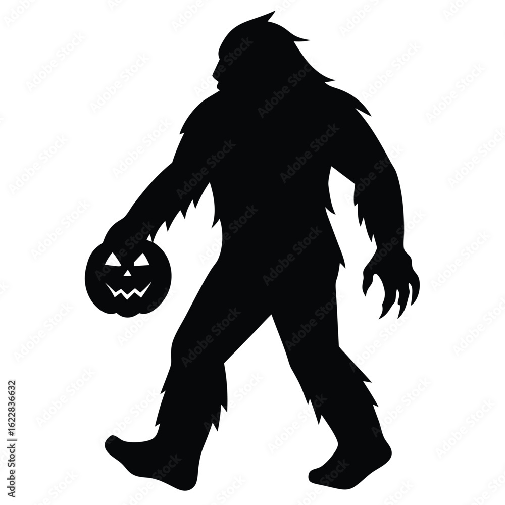 Fototapeta premium Bigfoot holding carved pumpkin sasquatch silhouette