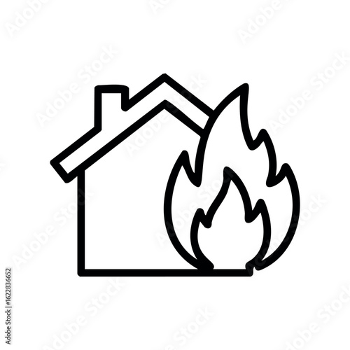 Outline of a house with flames icon representing fire safety and emergency – stock vector icon in line style