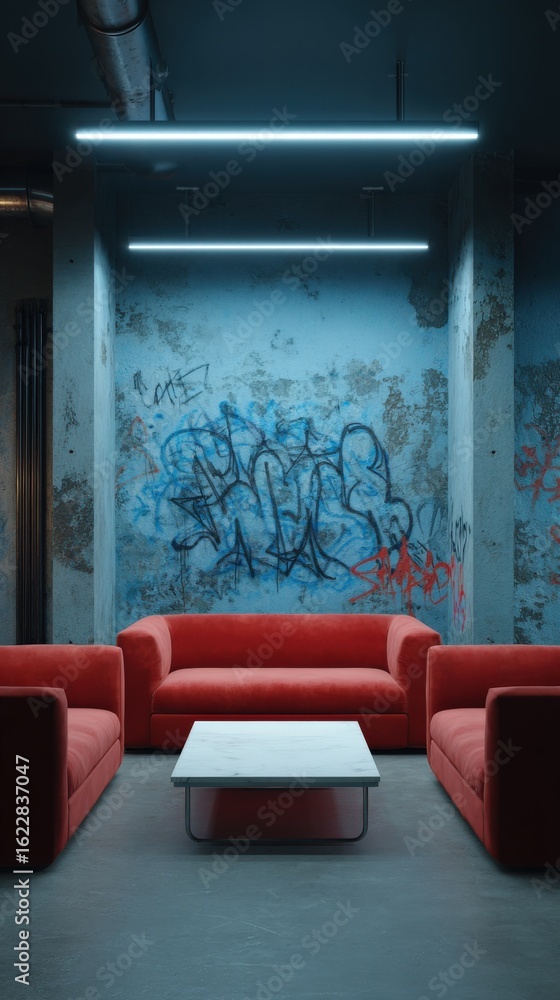 Obraz premium Urban Lounge with Red Sofas and Graffiti Art, Modern Interior Design and Creative Space