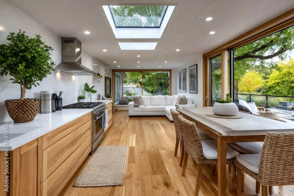 Fototapeta premium Modern open plan kitchen and dining area with skylights providing natural light