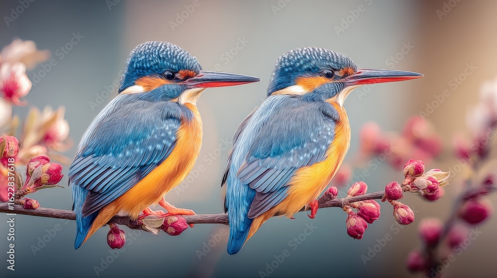 Fototapeta premium Two Kingfishers Perched on Blossoming Branch in Spring, Capturing the Beauty of Nature