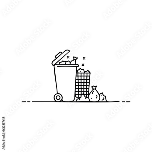 Overflowing garbage bin and trash bags illustrating waste management challenges – stock vector icon in line style