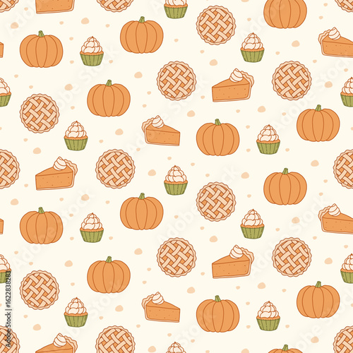 Seamless Fall Pattern with Pumpkin Pie, Cupcake and Whole Squash – Cozy Autumn Dessert Print for Fabric, Packaging, Wall Art and Stationery