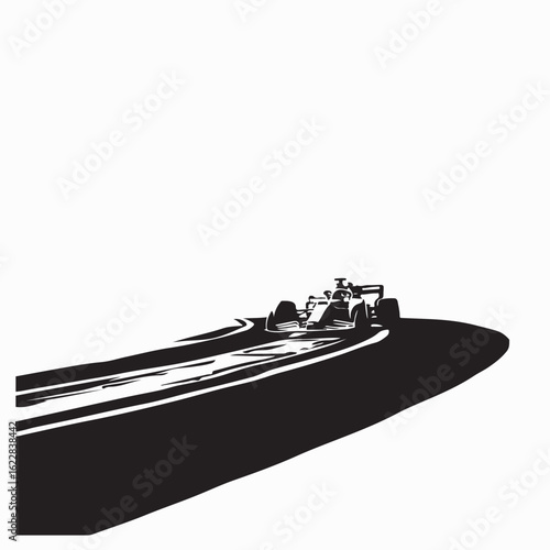 Silhouette of Formula One car making sharp corner on fast racing track vector