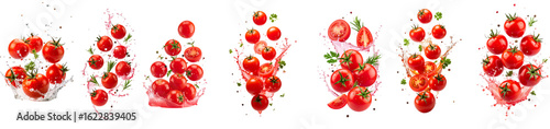 Fresh cherry tomatoes with juice splashing on transparent background