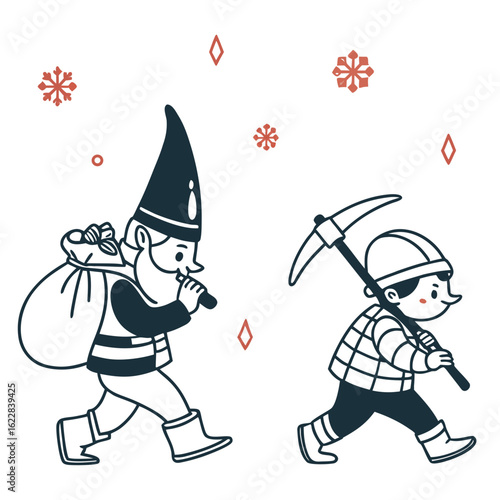 Cute gnome with a gift bag and a miner with a pickaxe walking together