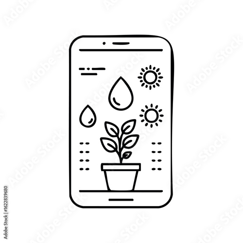 Smart gardening app interface with plant, sun, and water icons – stock vector icon in line style