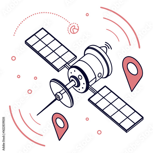 Stylized illustration of a satellite with solar panels and location pins