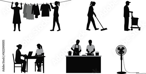 Silhouette people doing house chores, cooking, shopping, cleaning, hanging clothes, working on laptop, fan illustration, daily life concept, teamwork, productivity