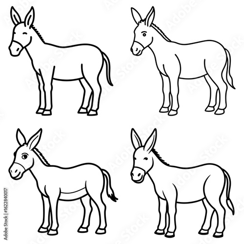 Four outlined donkeys standing in different poses presented in a square arrangement on white background