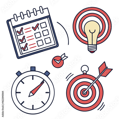 Business planning and goal achievement icons including calendar stopwatch and targets