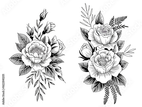 floral, roses, bouquet, blackandwhite, illustration, vintage, flower, lineart, drawing, botanical, nature, monochrome, sketch, outline, engraving, elegant, handdrawn, detailed, leaf, roseart, classic,