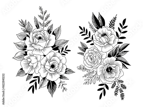 floral, roses, bouquet, blackandwhite, illustration, vintage, flower, lineart, drawing, botanical, nature, monochrome, sketch, outline, engraving, elegant, handdrawn, detailed, leaf, roseart, classic,