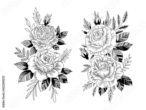 floral, roses, bouquet, blackandwhite, illustration, vintage, flower, lineart, drawing, botanical, nature, monochrome, sketch, outline, engraving, elegant, handdrawn, detailed, leaf, roseart, classic,