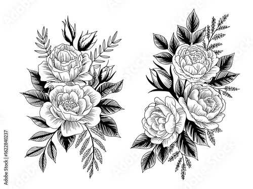 floral, roses, bouquet, blackandwhite, illustration, vintage, flower, lineart, drawing, botanical, nature, monochrome, sketch, outline, engraving, elegant, handdrawn, detailed, leaf, roseart, classic,