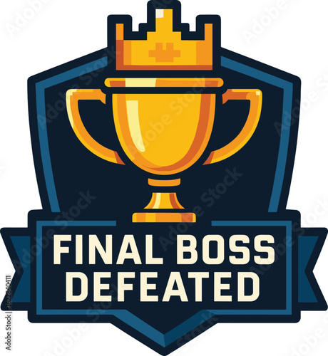 Golden trophy with “Final Boss Defeated” banner – video game achievement badge vector illustration