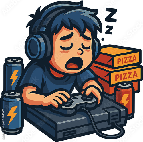 Exhausted gamer sleeping with controller, pizza boxes, and energy drinks – funny gaming cartoon vector