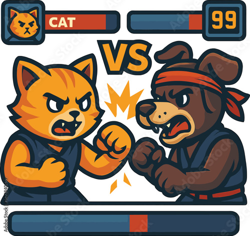 Cartoon cat vs dog in martial arts showdown – fighting game character battle screen vector illustration