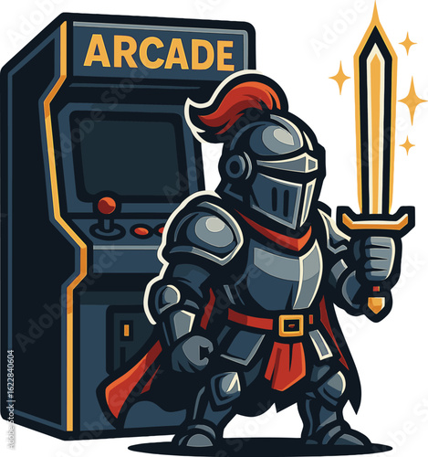 Retro pixel knight with glowing sword in front of arcade machine – gaming warrior vector cartoon