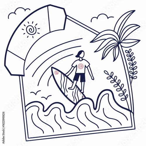 Kite surfer riding a wave under a sunny sky with palm trees