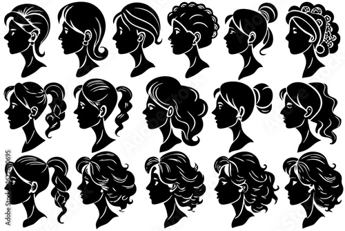 Diverse collection of female head silhouettes in profile view. Graphic illustration set showing various women's hairstyles from ponytails to updos.