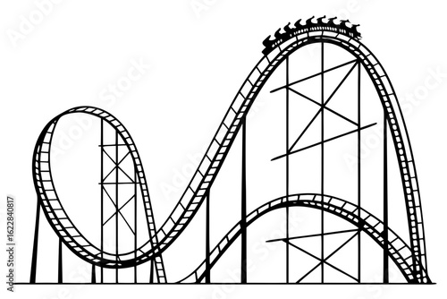 Minimalist black and white line art illustration of a roller coaster with a loop, capturing the thrill and excitement of a classic amusement park ride.